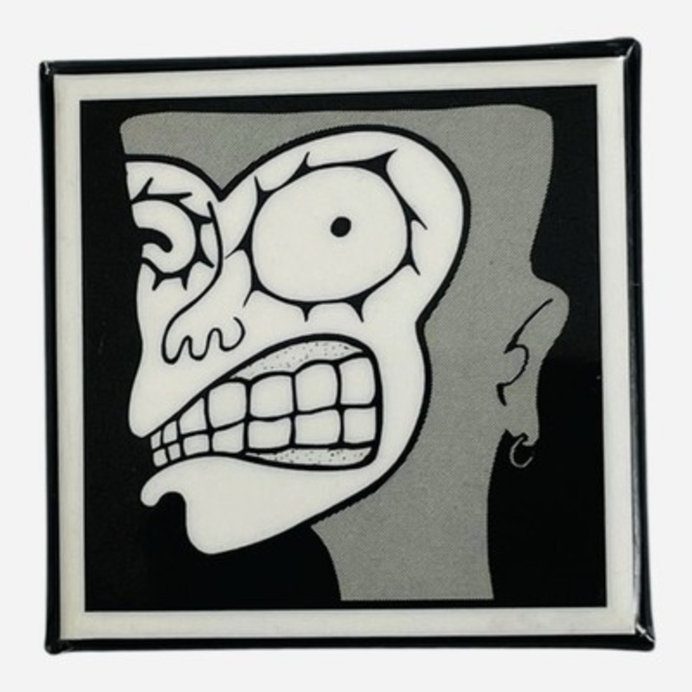 Vintage Square Pin Stylized Black White Grimacing Face Graphic 2x2 Enamel Button